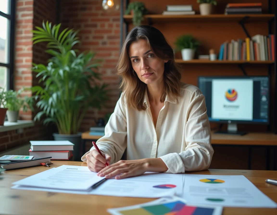 Freelance graphiste examinant des documents de dépôt de marque à l'INPI dans son studio de travail à domicile