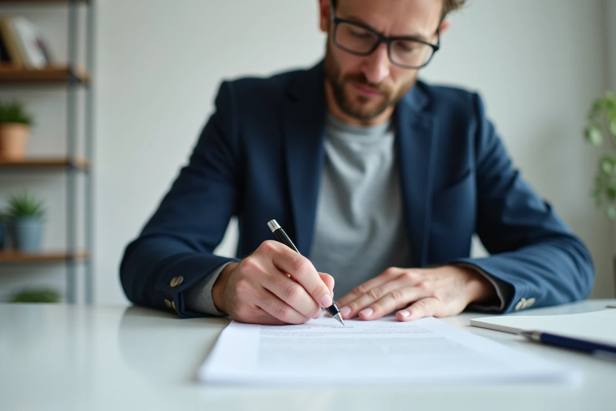 Freelance homme signant un contrat à son bureau à domicile avec un stylo plume