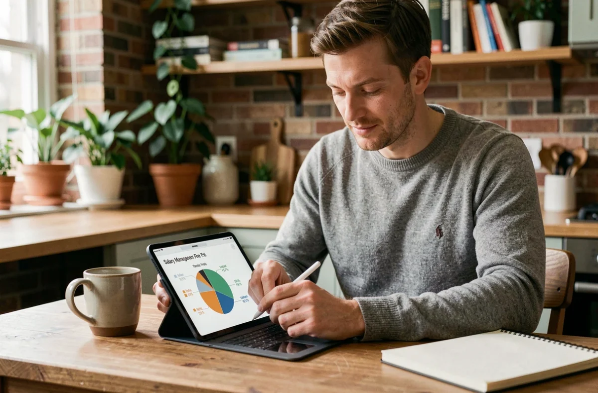 Freelance masculin en portage salarial consultant un tableau de frais de gestion sur tablette depuis son bureau à domicile