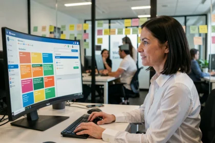 Responsable de projet utilisant un logiciel de gestion de tâches et de relation client sur un grand écran dans un open space moderne