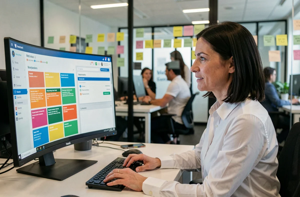 Responsable de projet utilisant un logiciel de gestion de tâches et de relation client sur un grand écran dans un open space moderne