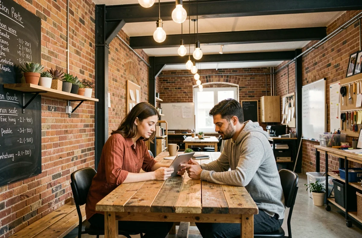 Espace de coworking GII à Ivry-sur-Seine dans un bâtiment industriel reconverti avec deux collaborateurs travaillant à une table en bois partagée