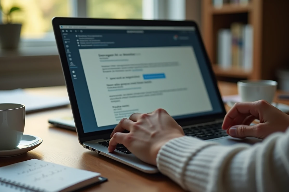 Gros plan sur un écran d'ordinateur affichant une formule de politesse formelle dans une signature de mail automatique en télétravail