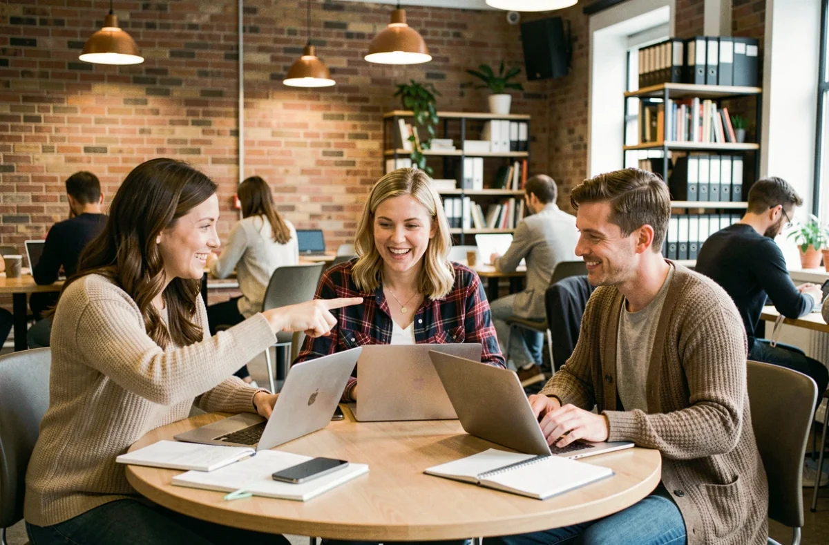 Groupe d'adultes en reconversion professionnelle participant à un atelier collaboratif dans un espace de coworking moderne