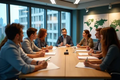 Groupe de personnes en réunion de travail dans une salle moderne