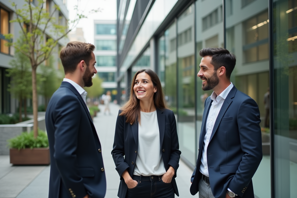 Groupe d entrepreneurs discutant devant un bâtiment moderne
