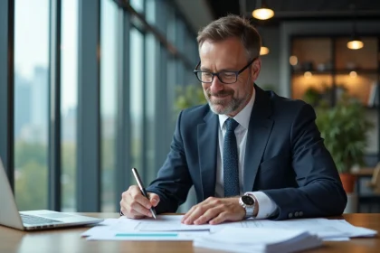 Homme d'affaires en r&eacute;union de travail dans un bureau moderne