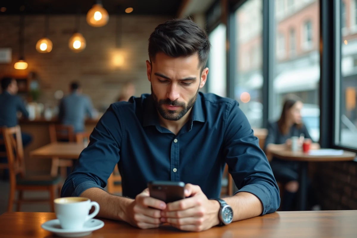 Homme consultant une application d'analyse de données sur smartphone dans un café urbain branché