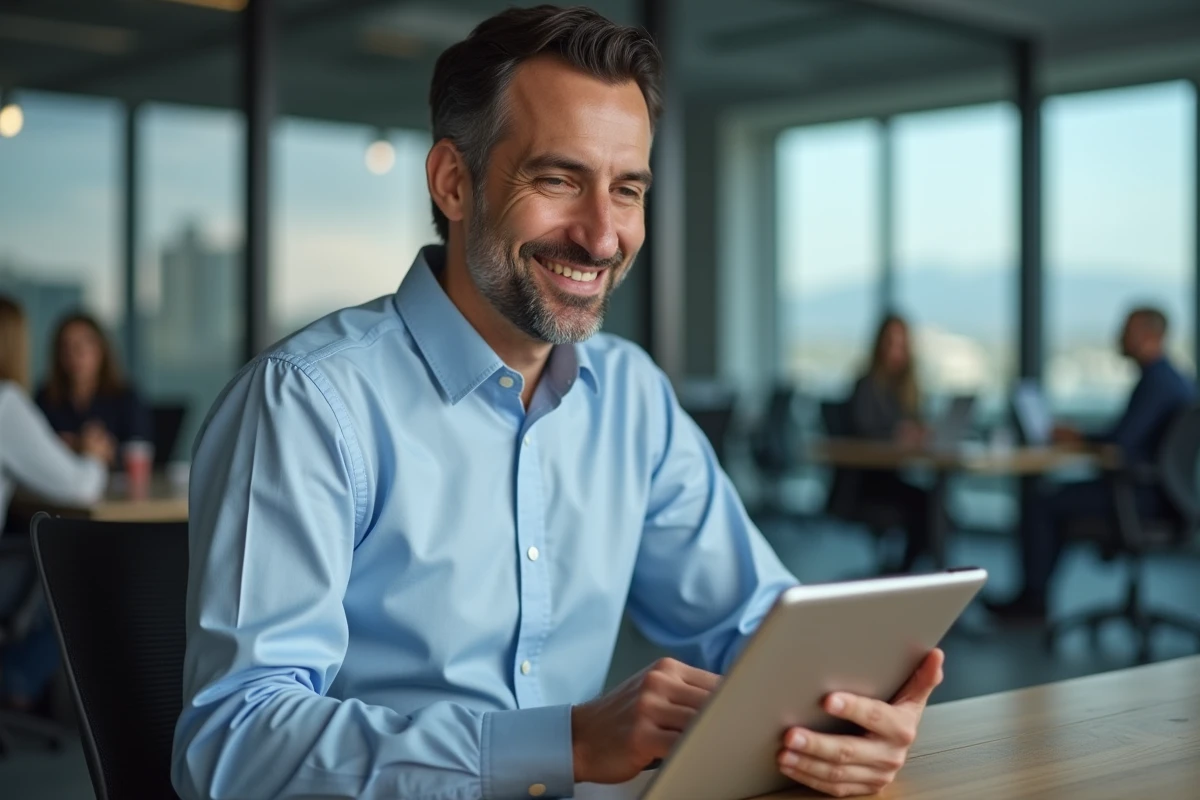Homme utilisant une tablette avec assistant virtuel dans un espace de coworking