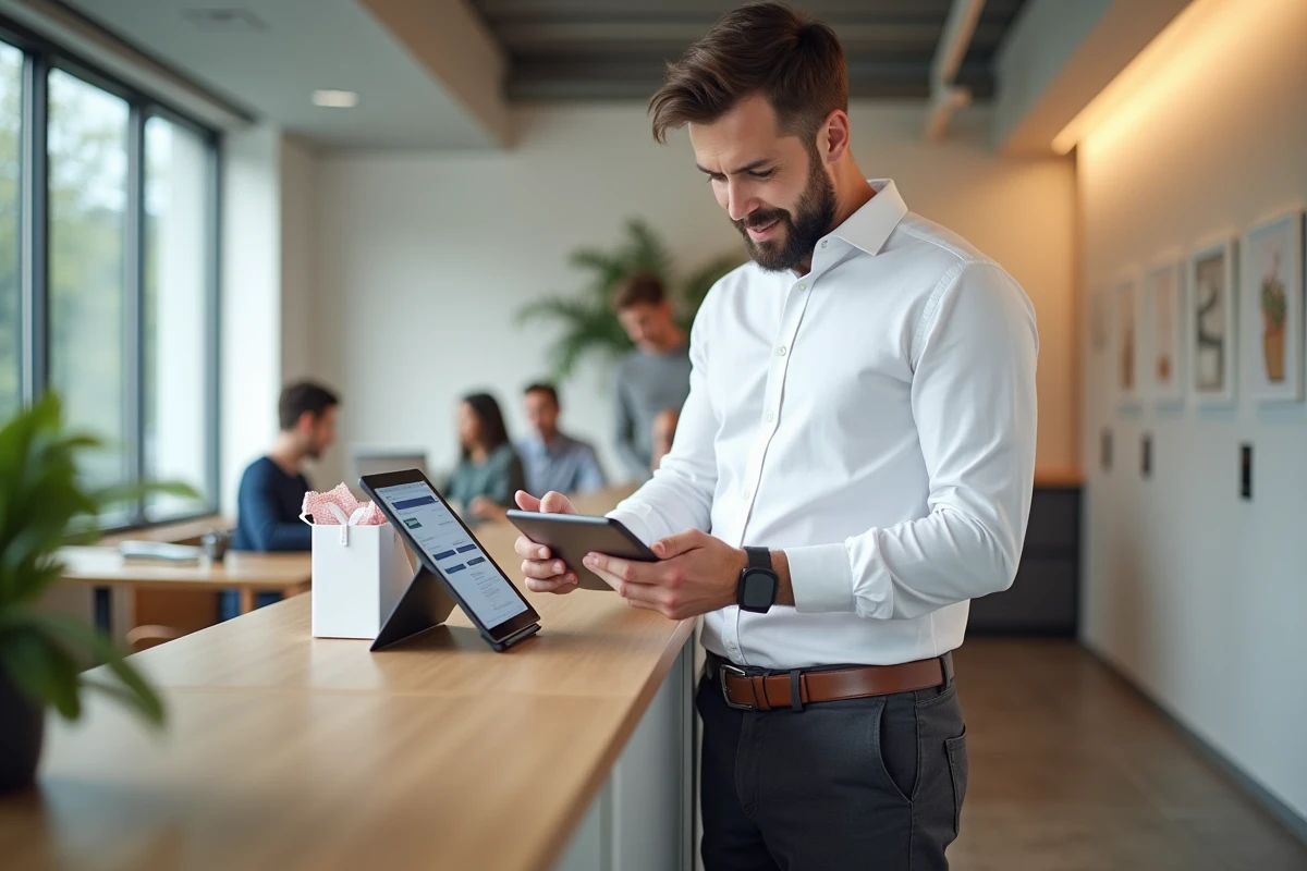 Homme tenant un bon Smartbox et consultant une page d'inscription réseau partenaire sur une tablette dans un espace professionnel