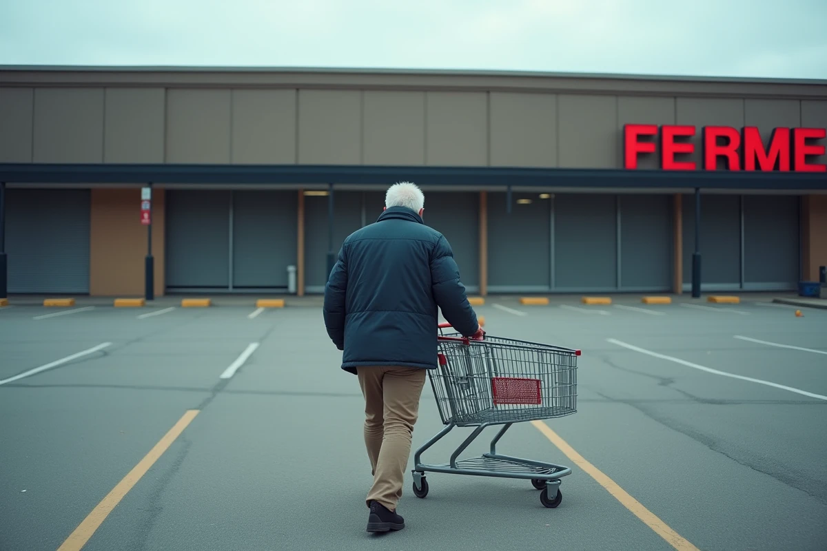 Homme poussant un caddie vide dans un parking désert devant un grand magasin fermé