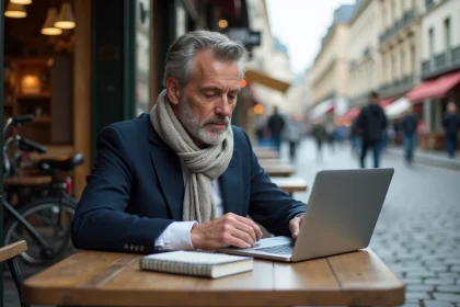 Homme en blazer et &eacute;charpe travaillant dans un caf&eacute; parisien