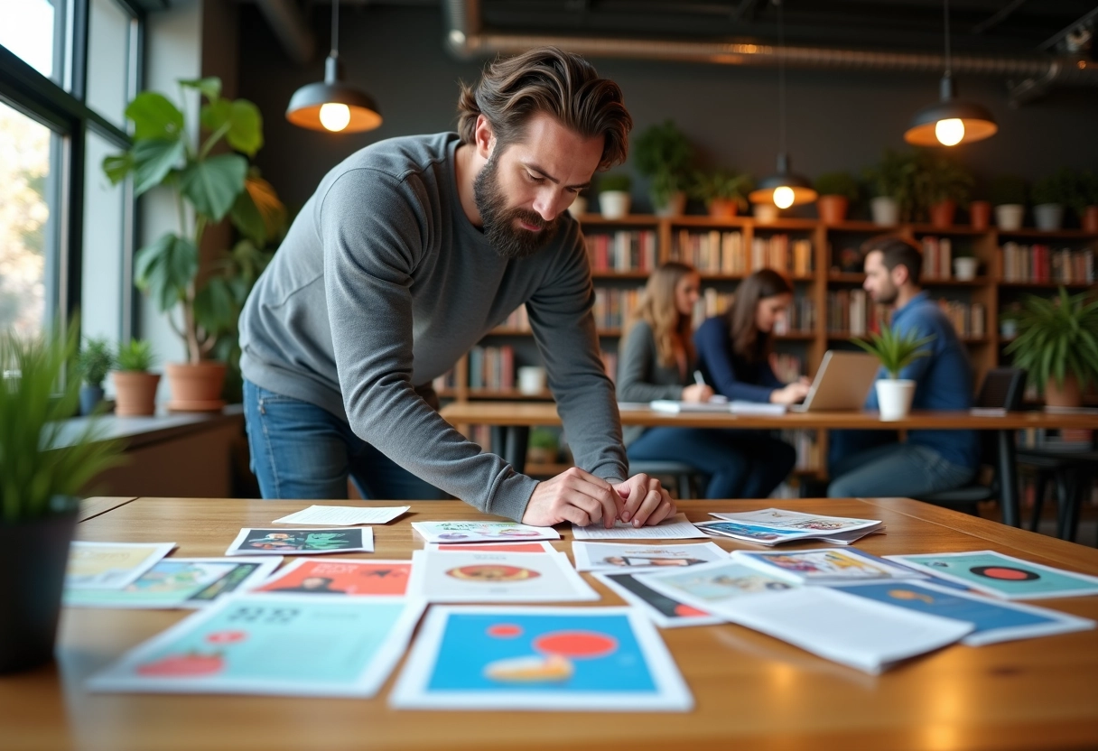 Homme décontracté arrangeant flyers dans un espace de coworking