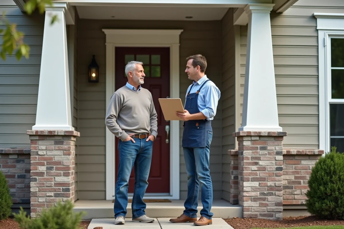 Homme discute avec entrepreneur devant une maison renovée