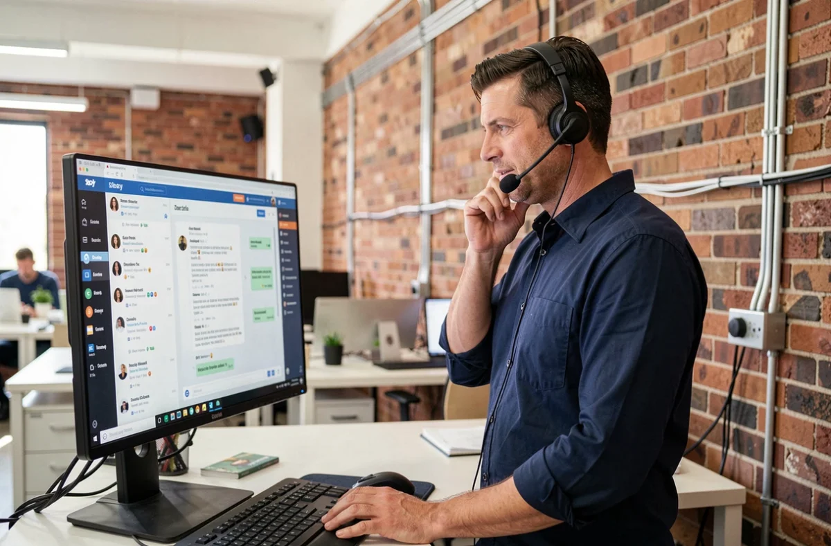 Homme en télétravail utilisant un casque et une interface de chat en ligne sur un écran dans un espace de coworking
