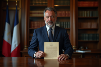 Homme d'âge moyen en costume bleu marine tenant un document officiel