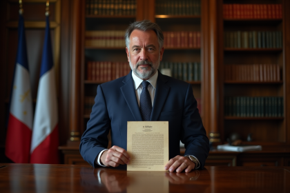 Homme d'âge moyen en costume bleu marine tenant un document officiel