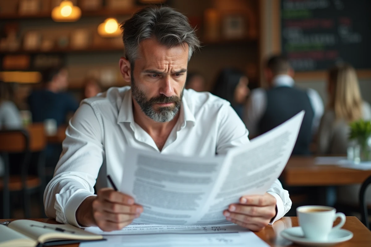 Homme d'affaires corrigeant des erreurs d'analyse de risques dans un café avec des documents annotés