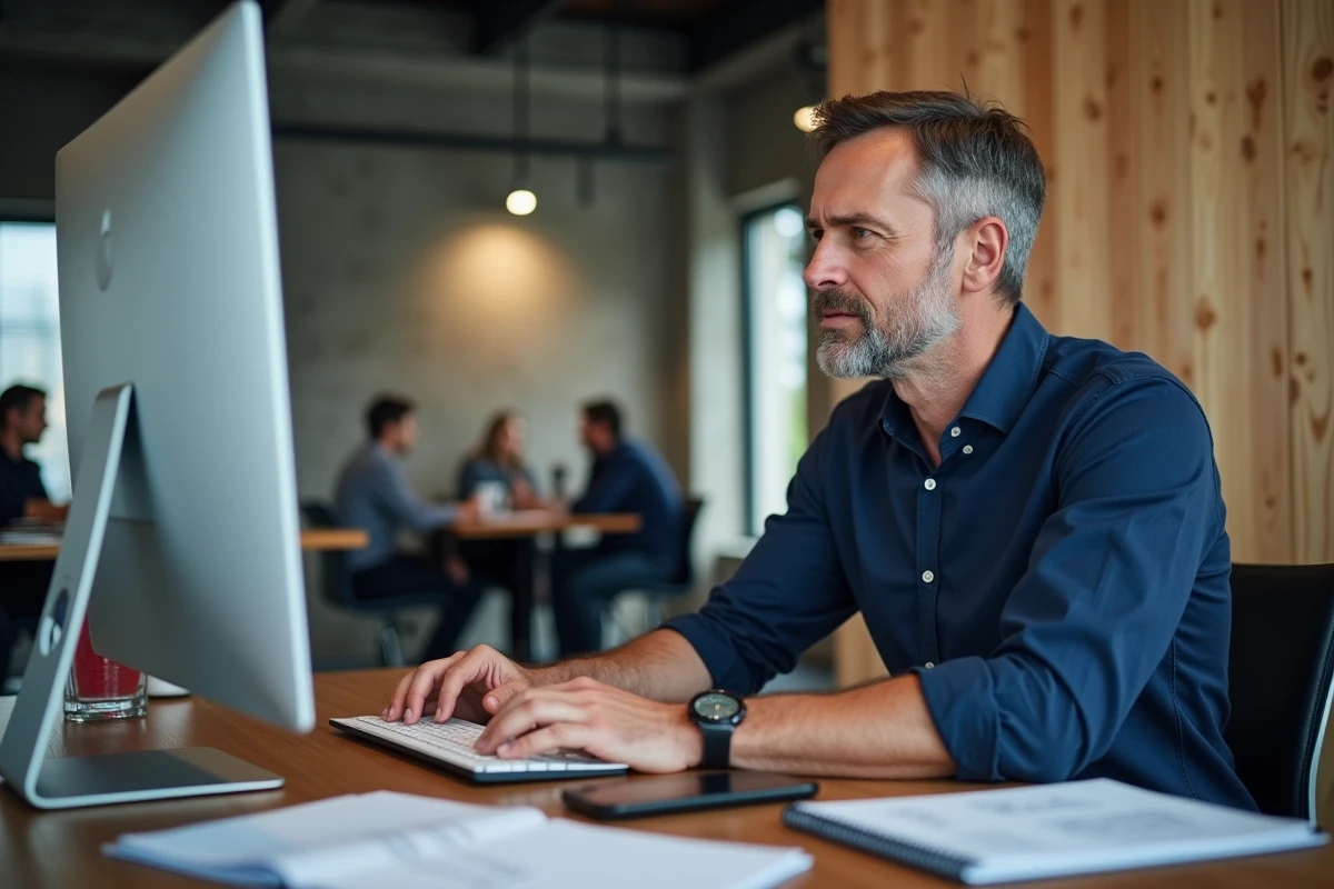 Homme en chemise bleue saisissant des données de facturation dans un logiciel comptable dans un espace de coworking moderne