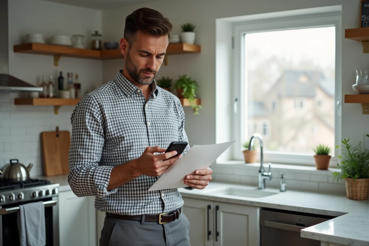 Homme dans sa cuisine v&eacute;rifiant une checklist sur smartphone