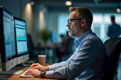 Homme d'affaires analysant des données sur deux écrans