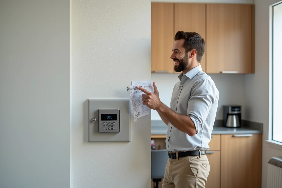 Homme montrant le code sécurisé près d’un coffre numérique