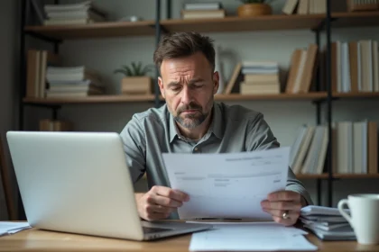 Homme consultant des documents administratifs après un refus de DEF Acre à son bureau à domicile