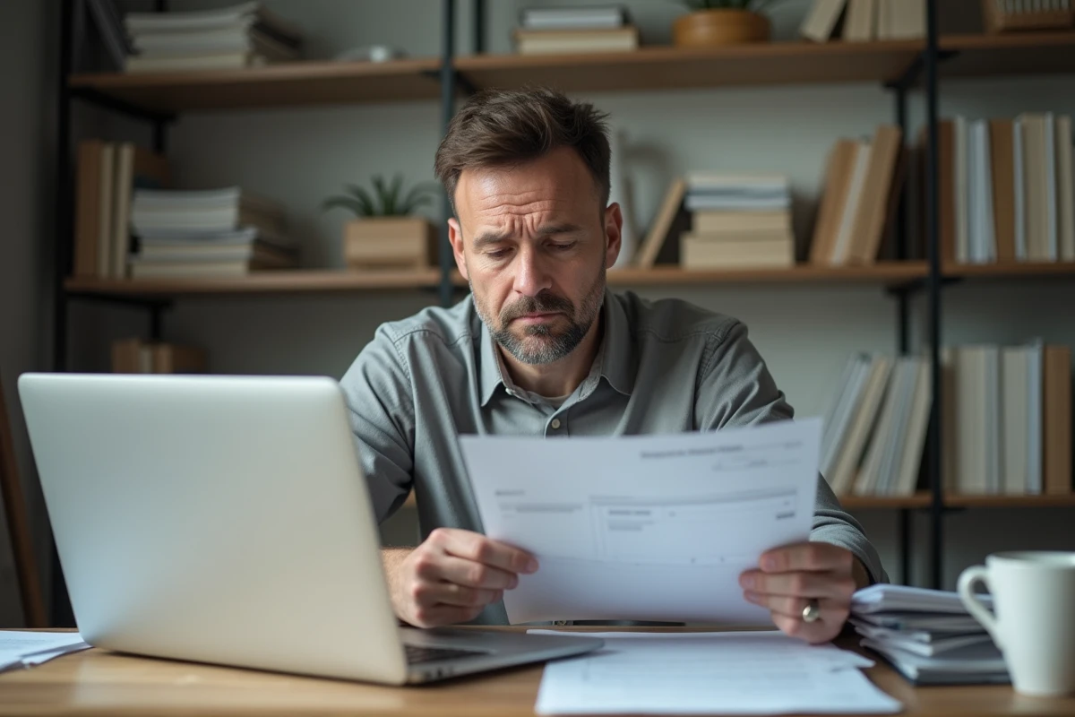 Homme consultant des documents administratifs après un refus de DEF Acre à son bureau à domicile