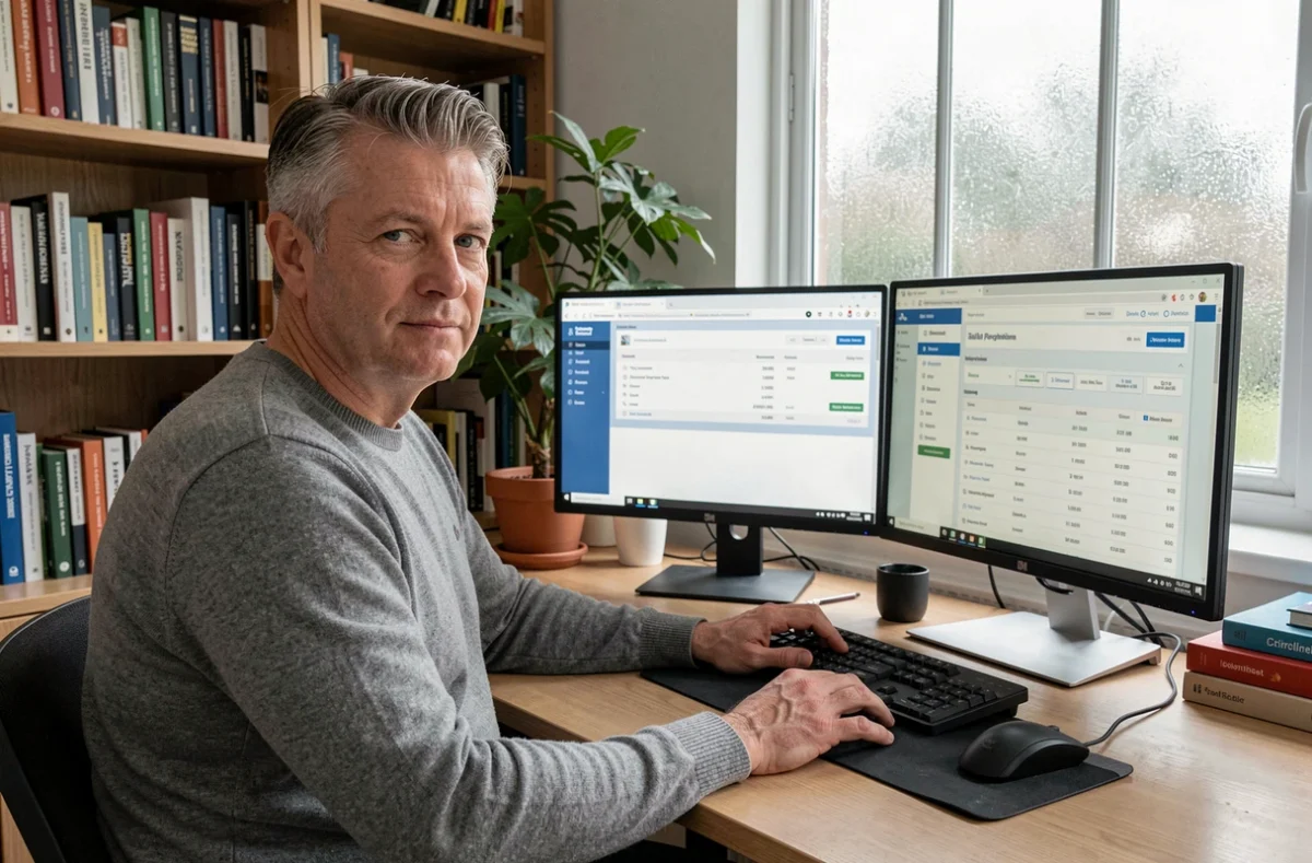 Homme consultant deux plateformes professionnelles pour gérer simultanément portage salarial et auto-entreprise depuis son bureau à domicile