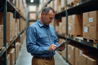 Homme en bleu vérifiant inventaire dans un entrepôt