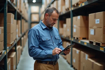 Homme en bleu v&eacute;rifiant inventaire dans un entrep&ocirc;t