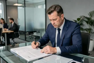 Un homme en costume examine attentivement un contrat de portage salarial avec une expression de méfiance, dans un bureau moderne