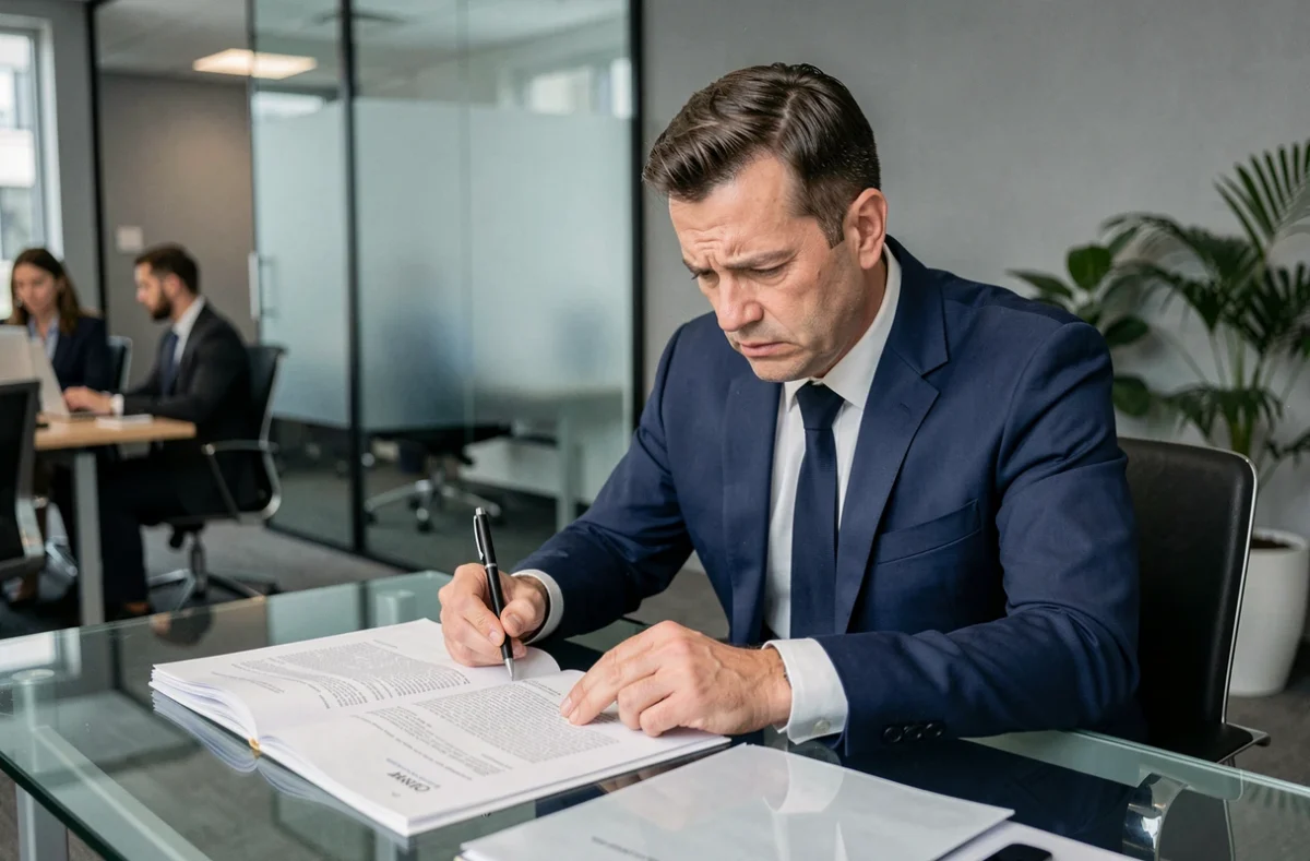 Un homme en costume examine attentivement un contrat de portage salarial avec une expression de méfiance, dans un bureau moderne