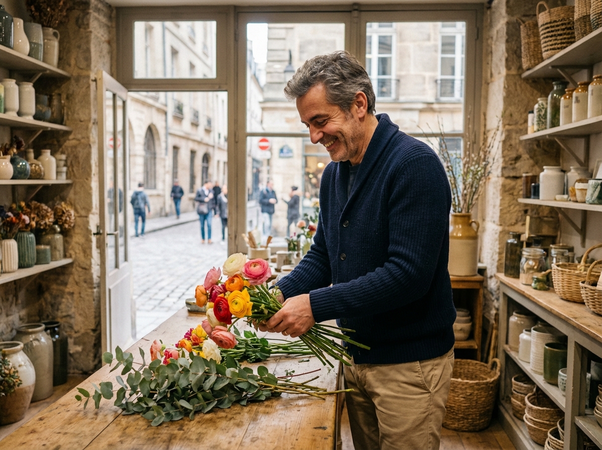 Homme arrangeant des fleurs dans une boutique parisienne