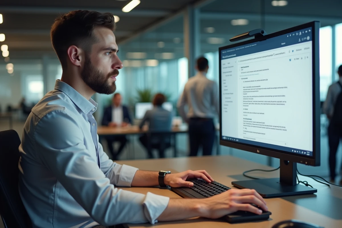 Homme en open space configurant une signature de mail professionnelle avec formule de politesse sur son poste de travail