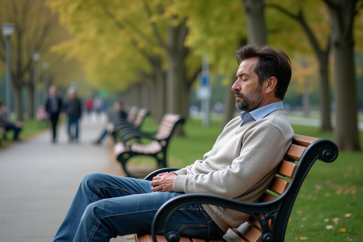 Homme assis sur un banc dans un parc calme