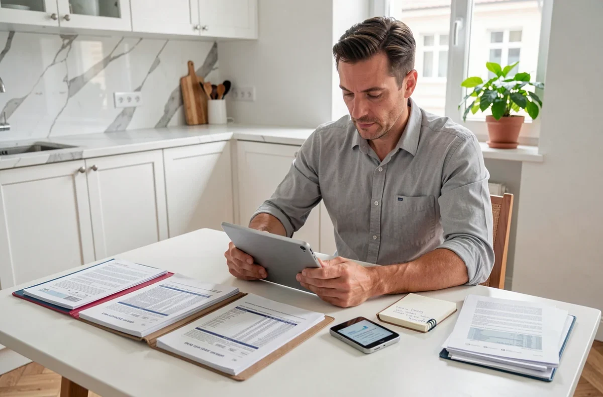 Homme qui prépare sa check-list de documents financiers avant un entretien bancaire dans une cuisine moderne