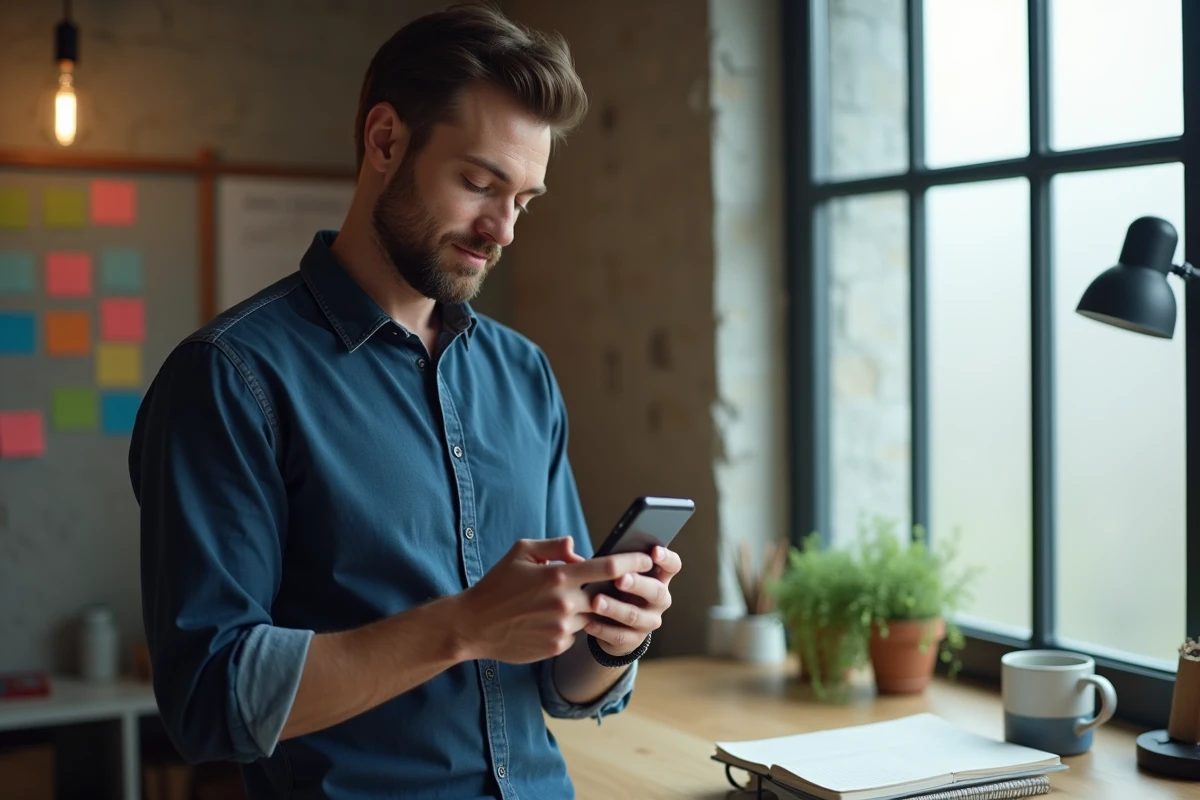 Homme consultant un numéro de téléphone sur son smartphone pour joindre un service en ligne depuis son bureau à domicile