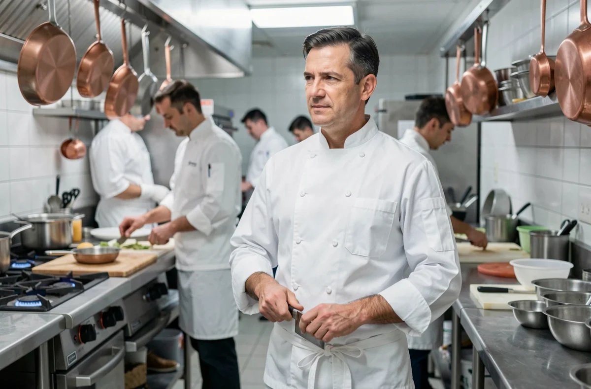 Homme en reconversion professionnelle dans une cuisine de formation culinaire portant une tenue de chef et apprenant une nouvelle technique
