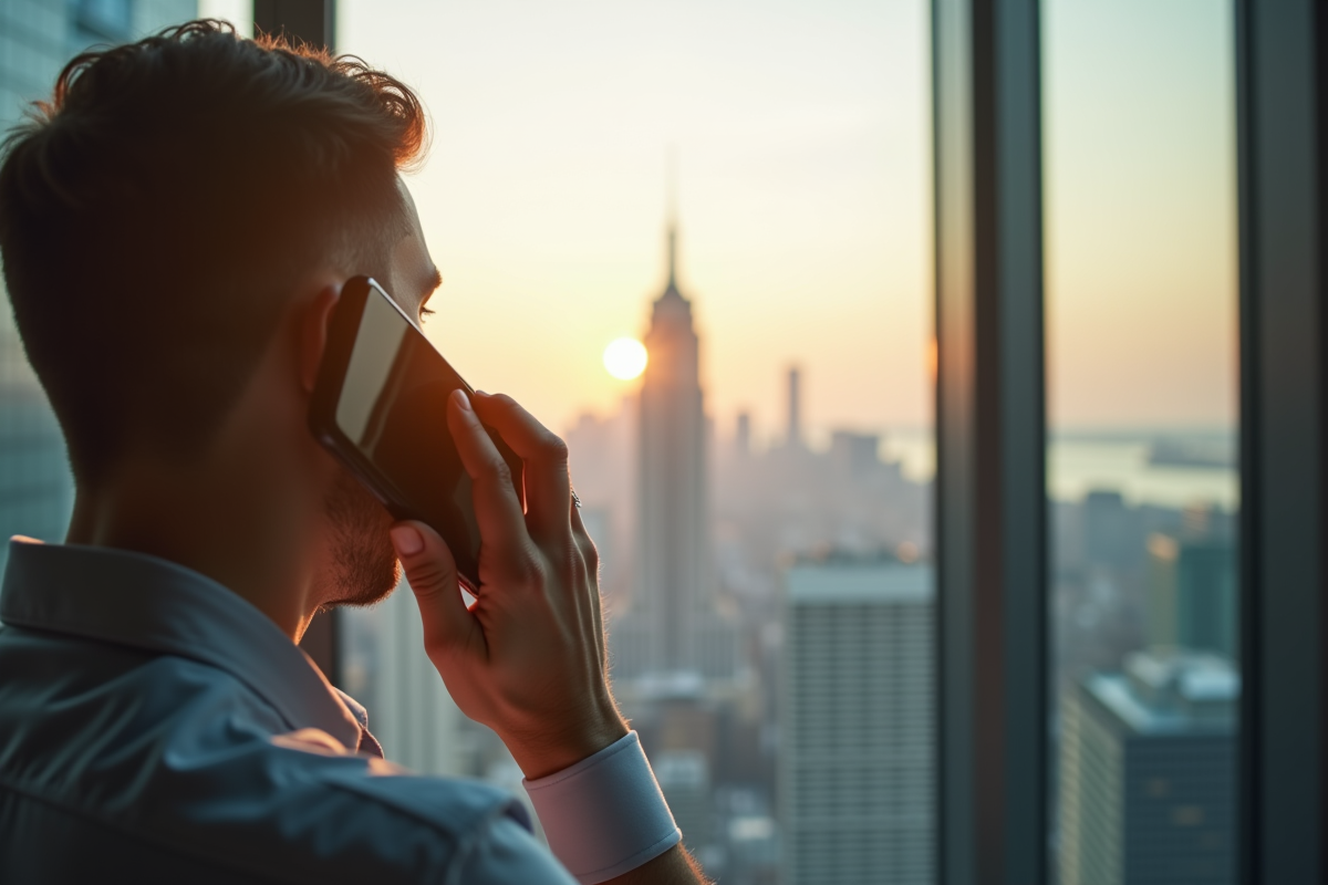 Homme tenant un smartphone avec vue sur la ville