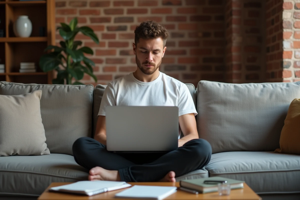 Homme travaillant depuis son salon en télétravail sans diplôme sur un canapé avec un ordinateur portable