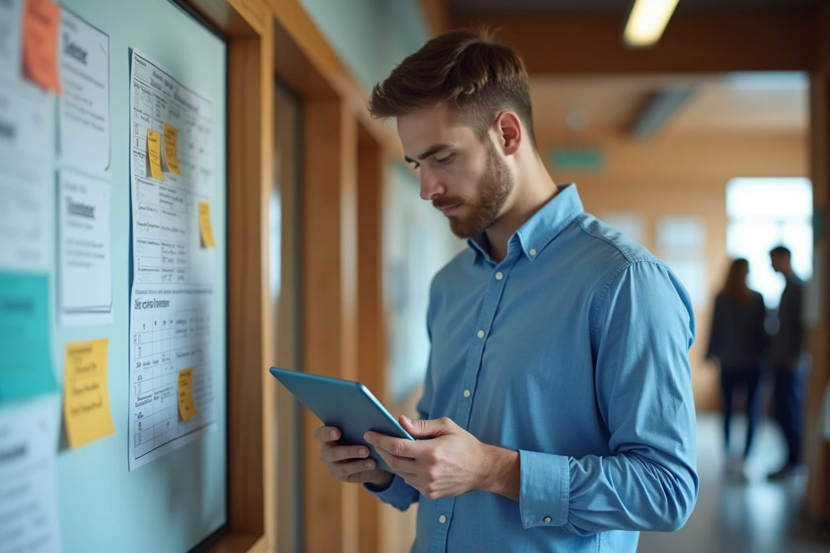 Jeune homme consultat son emploi du temps sur une tablette dans un couloir