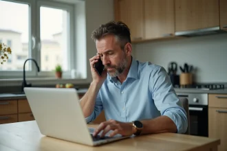 Homme d'âge moyen au travail à domicile avec téléphone et ordinateur
