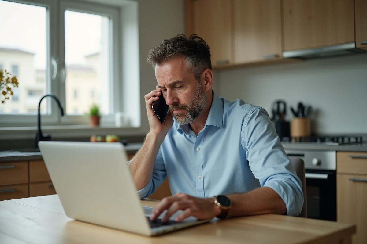 Homme d'âge moyen au travail à domicile avec téléphone et ordinateur
