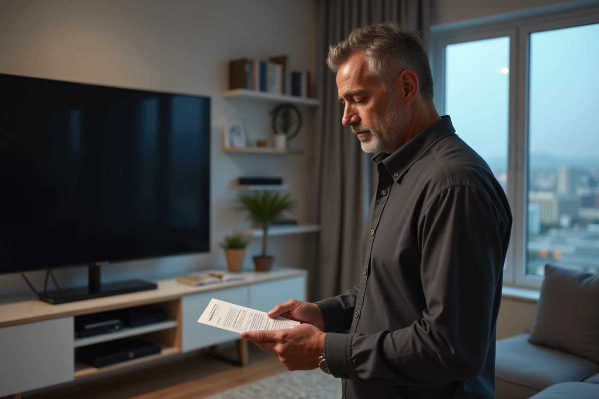 Homme v&eacute;rifiant une carte de garantie devant une t&eacute;l&eacute;vision murale