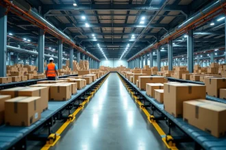 Intérieur du hub logistique de Lieusaint avec convoyeurs automatisés et agents en gilets de sécurité triant des colis