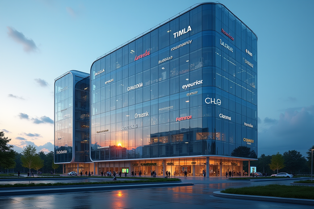 Bâtiment futuriste avec reflets des logos d