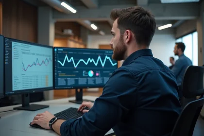 Ingénieur logiciel analysant des diagrammes d'intégration CRM et d'écosystème SI sur plusieurs écrans dans un bureau tech moderne