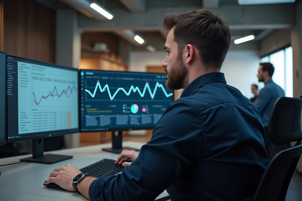 Ingénieur logiciel analysant des diagrammes d'intégration CRM et d'écosystème SI sur plusieurs écrans dans un bureau tech moderne