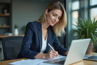 Femme professionnelle inscrivant son entreprise à un événement business en ligne depuis son bureau moderne